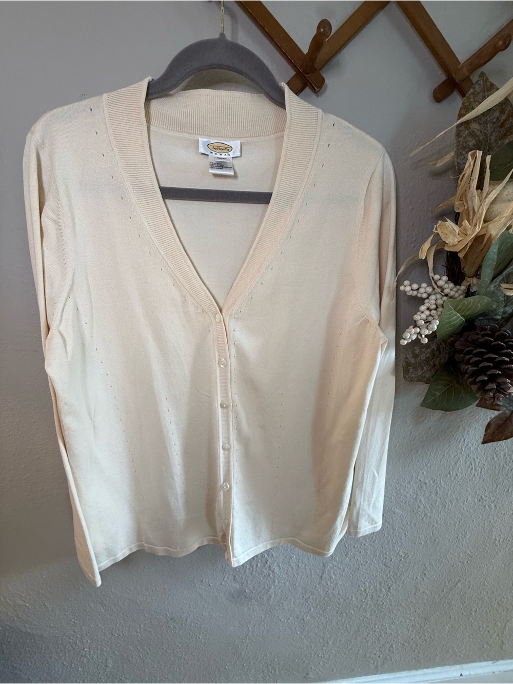 Talbots Cream Silk V-Neck Button Cardigan